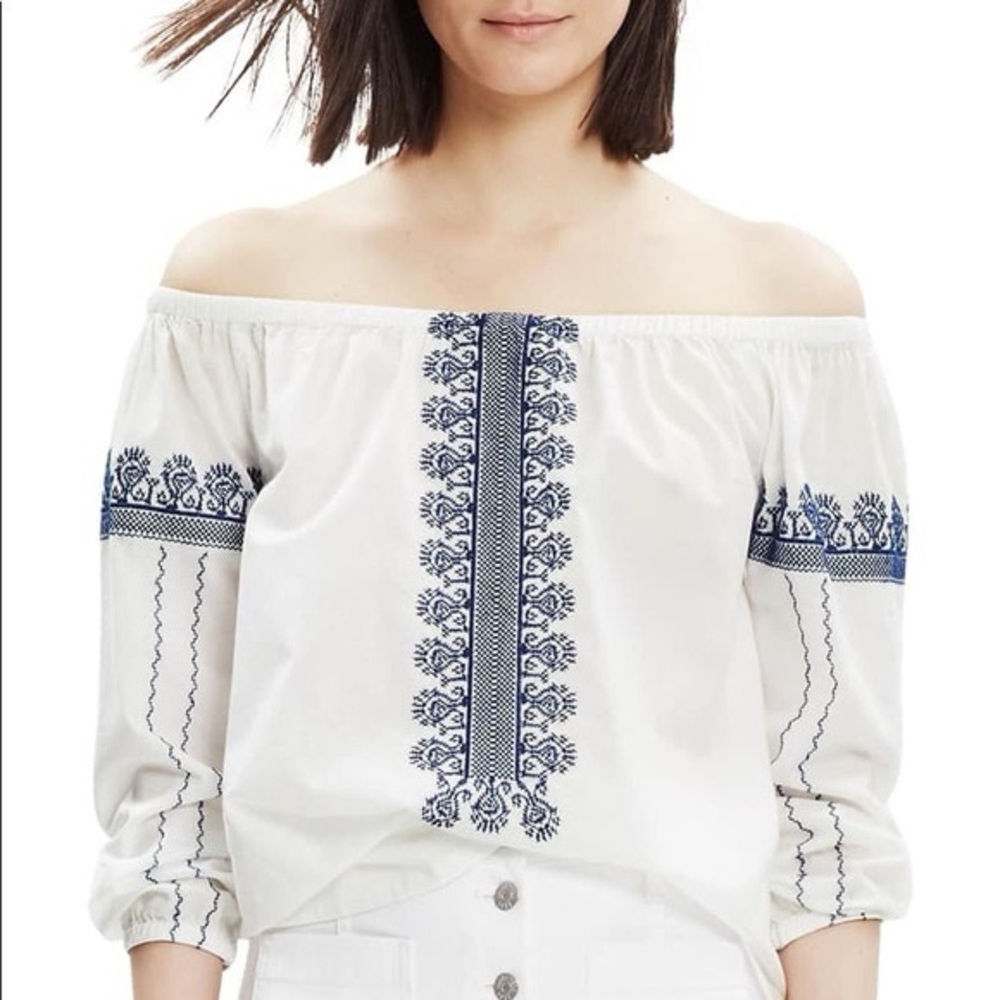 Madewell off the shoulder cotton voile top with red embroidery size XS